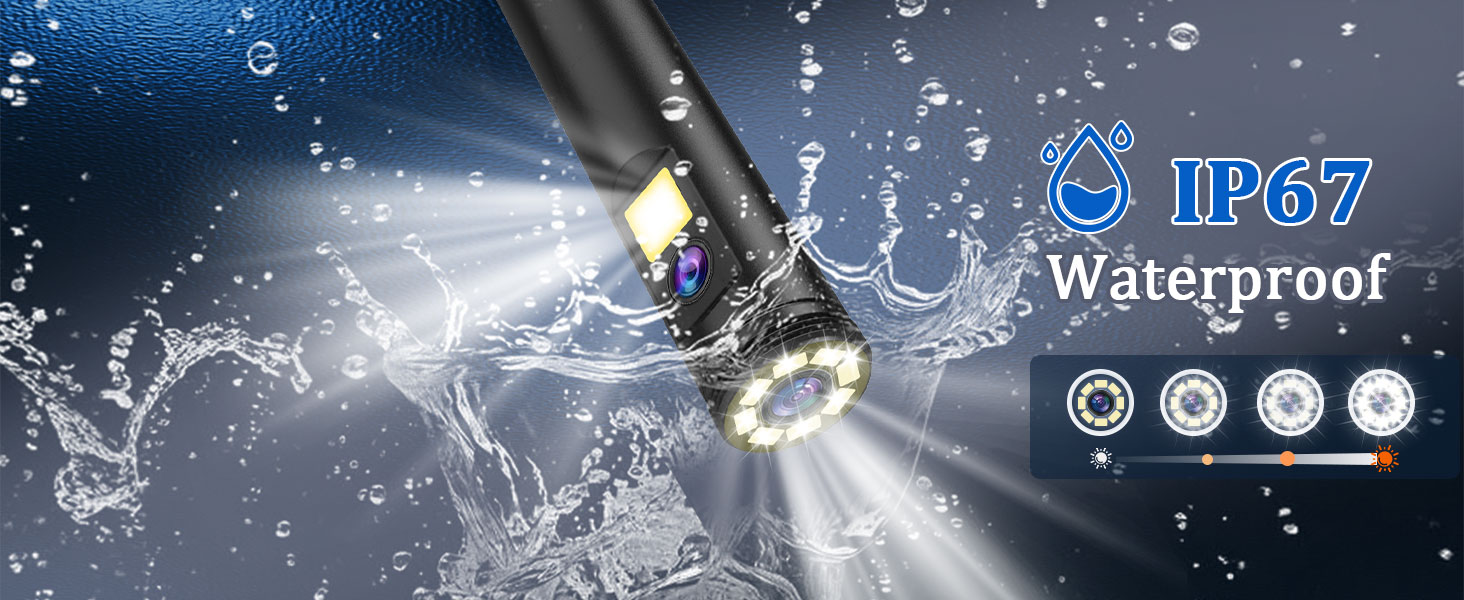Text reads 'IP67'. Water splash demonstration photo showing electronic device with water droplets and lighting effects.