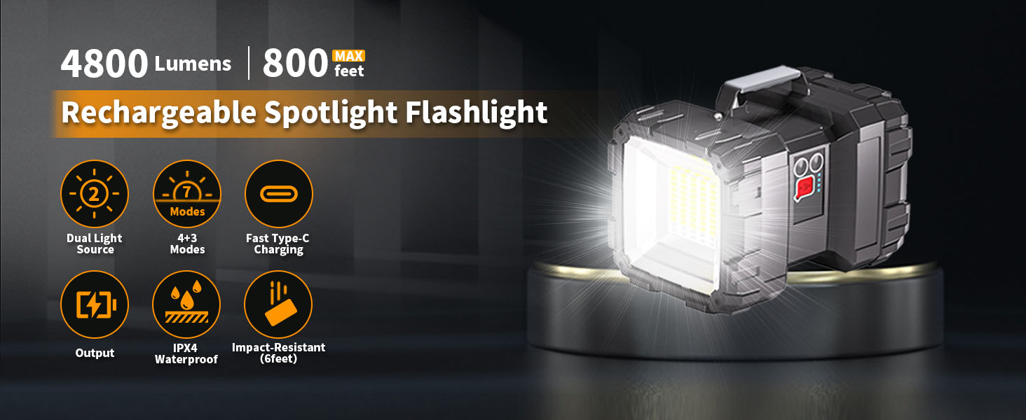 avec 4800 lumens et une portée de 800 m, présentant les caractéristiques du produit, notamment la résistance à l'eau et plusieurs modes