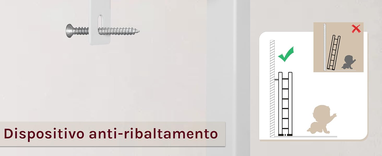 Mensola a parete con dispositivo antiribaltamento. Il diagramma mostra le fasi di installazione. Viti e tasselli in plastica visibili.