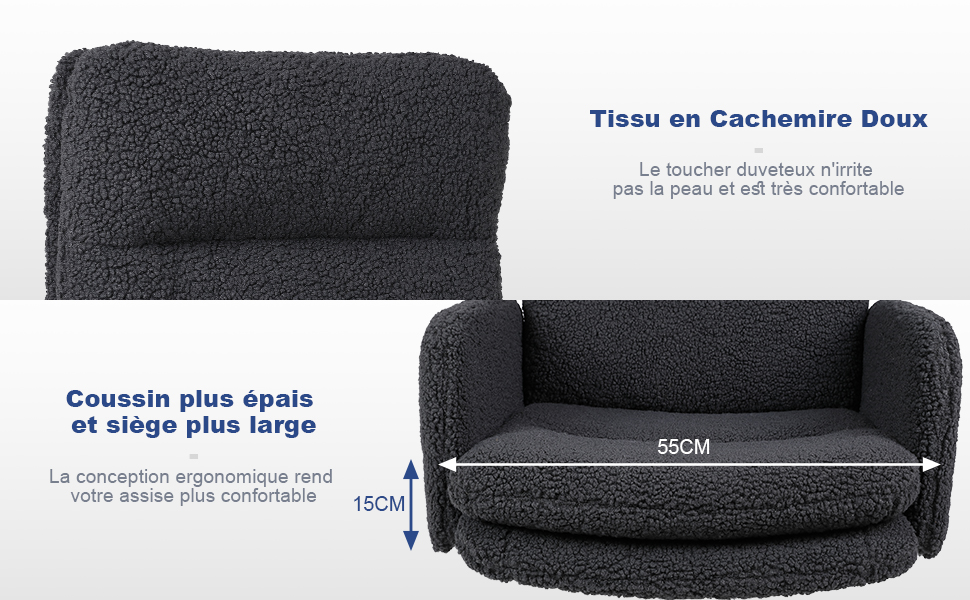 Coussin de canapé et accoudoir en tissu gris foncé, à la texture douce du cachemire. Le diagramme indique 55 cm de largeur et 15 cm d'épaisseur pour un confort accru