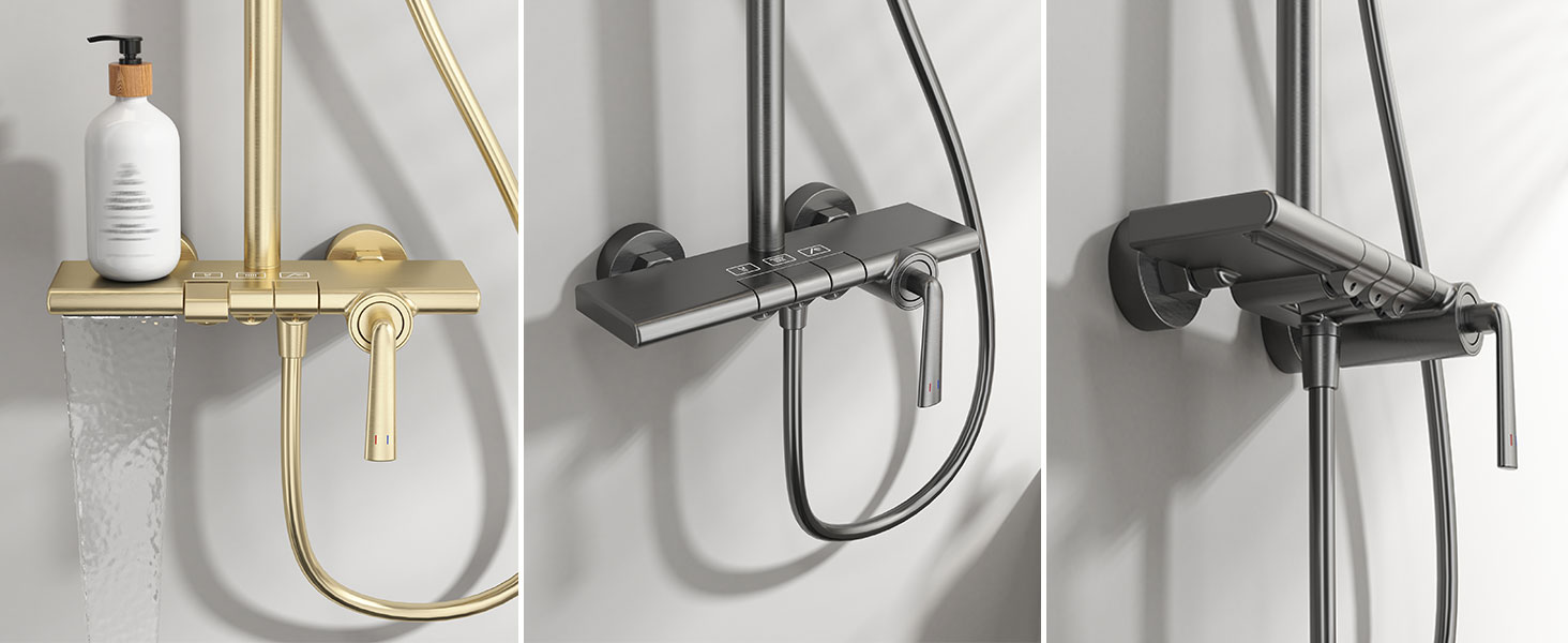Trois systèmes de douche présentés côte à côte, présentant différentes finitions : or, noir et chrome. Chacune comprend une combinaison de pommeau de douche à effet pluie et de pulvérisateur portatif.