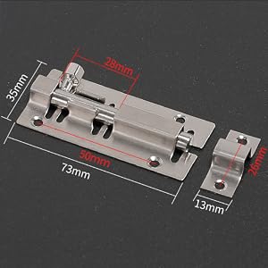 Stainless steel door latch with dimensions labeled. Total length 73mm, width 28mm, body length 40mm. Mounting holes visible.