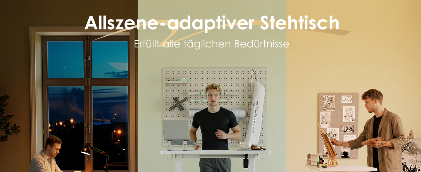 Der Text lautet „Allzeige-adaptiver Stehtisch“. Innenszene mit verstellbarem Stehpult in einem gelb beleuchteten Raum mit Fenstern.