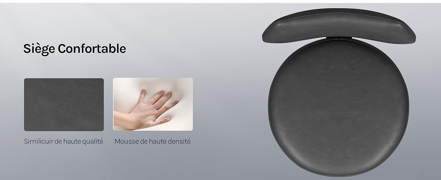 Le texte indique « Silgo Comfortable » avec deux échantillons de texture représentant des matériaux doux et imperméables, ainsi qu'un grand coussin circulaire noir. Coussin d'extérieur ergonomique en tissu confortable et résistant à l'eau.