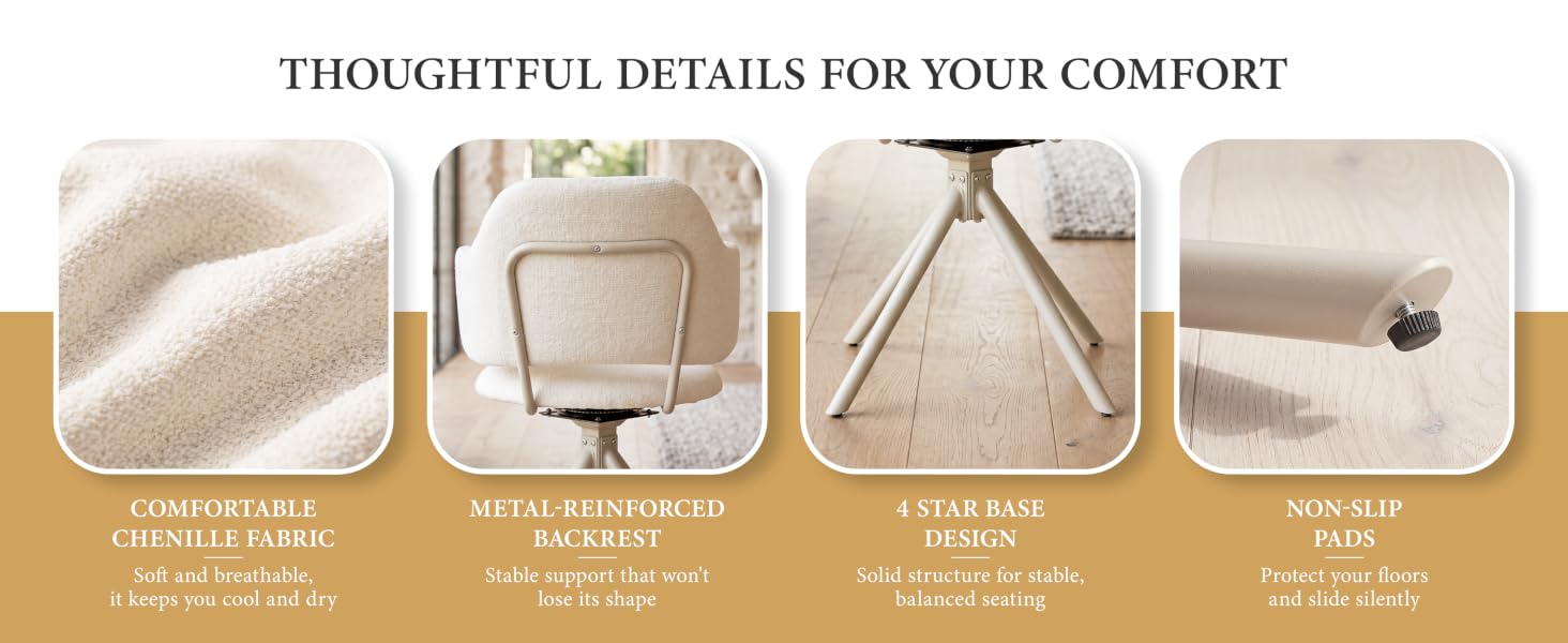 Text reads 'THOUGHTFUL DETAILS FOR YOUR COMFORT'. Four icons showing: comfortable seat cushion, breathable mesh, knee tilt function, and adjustable height with labeled features.