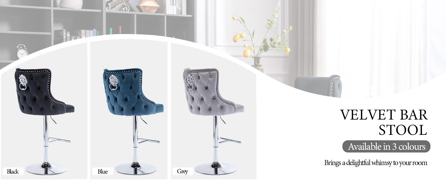 Three velvet bar stools in black, blue, and gray. Tufted backrest, chrome base with footrest, and hydraulic lift. Available in 3 colors for home bars.