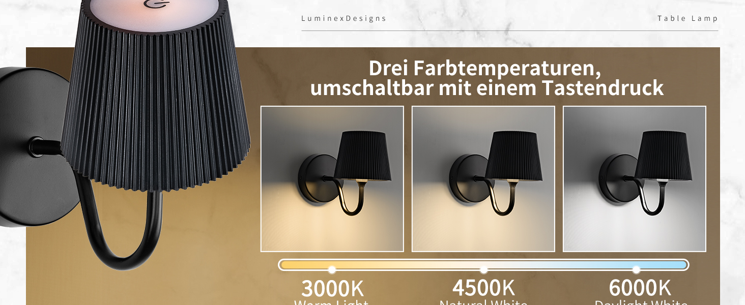 Der Text lautet „Drei Farbtemperaturen, umschaltbar mit einem Tastendruck“, „3000K 4500K 5000K“. Serie von Leuchten mit unterschiedlichen Farbtemperatureinstellungen.