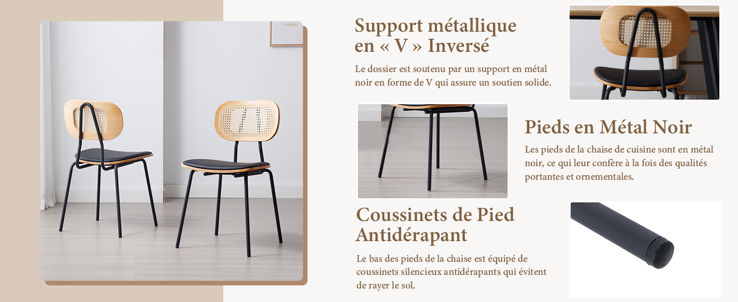 avec dossiers en rotin tressé et cadres en métal noir. Les caractéristiques comprennent un support métallique en forme de Y, des pieds en métal noir et des repose-pieds antidérapants pour la stabilité et la protection du sol