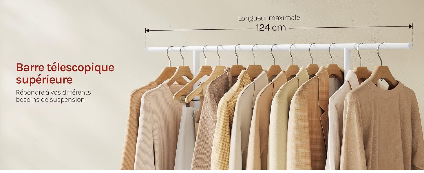 Le texte indique « Barre métallique supérieure » et « Barre métallique supérieure ». Cintres en bois avec vêtements de couleur beige/beige exposés sur une tige de suspension en métal montée sur fond neutre.