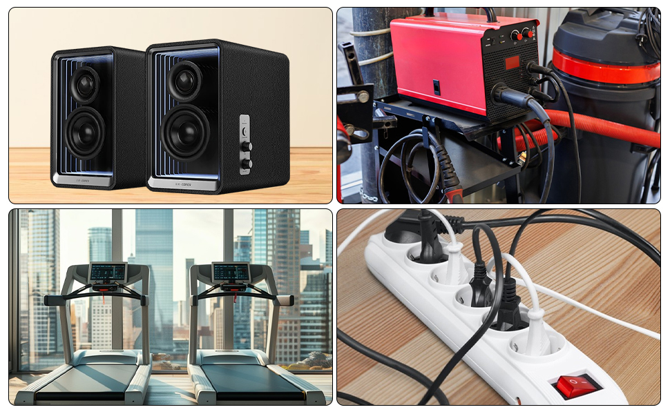 Collage of four images: black speakers, red device on wheelchair, treadmills in gym, and power strip with plugs.