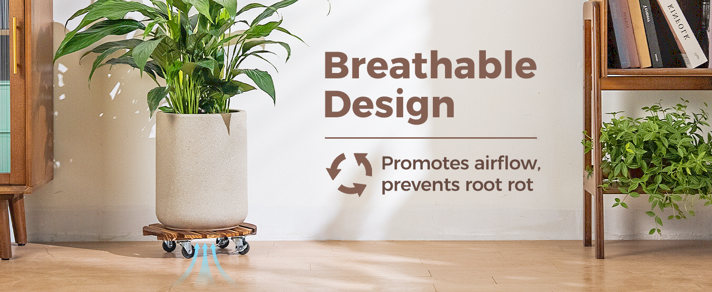 Support à plantes à roulettes avec jardinière beige contenant une grande plante verte. Le texte met en évidence la « conception respirante » qui favorise la circulation de l'air et prévient
