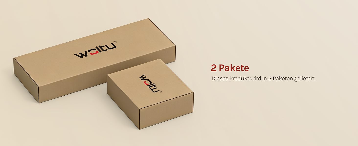 Der Text lautet: '2 Pakete'. Mehrere Ansichten von Verpackungsboxen aus braunem Kraftkarton, die aus verschiedenen Blickwinkeln gezeigt wurden.