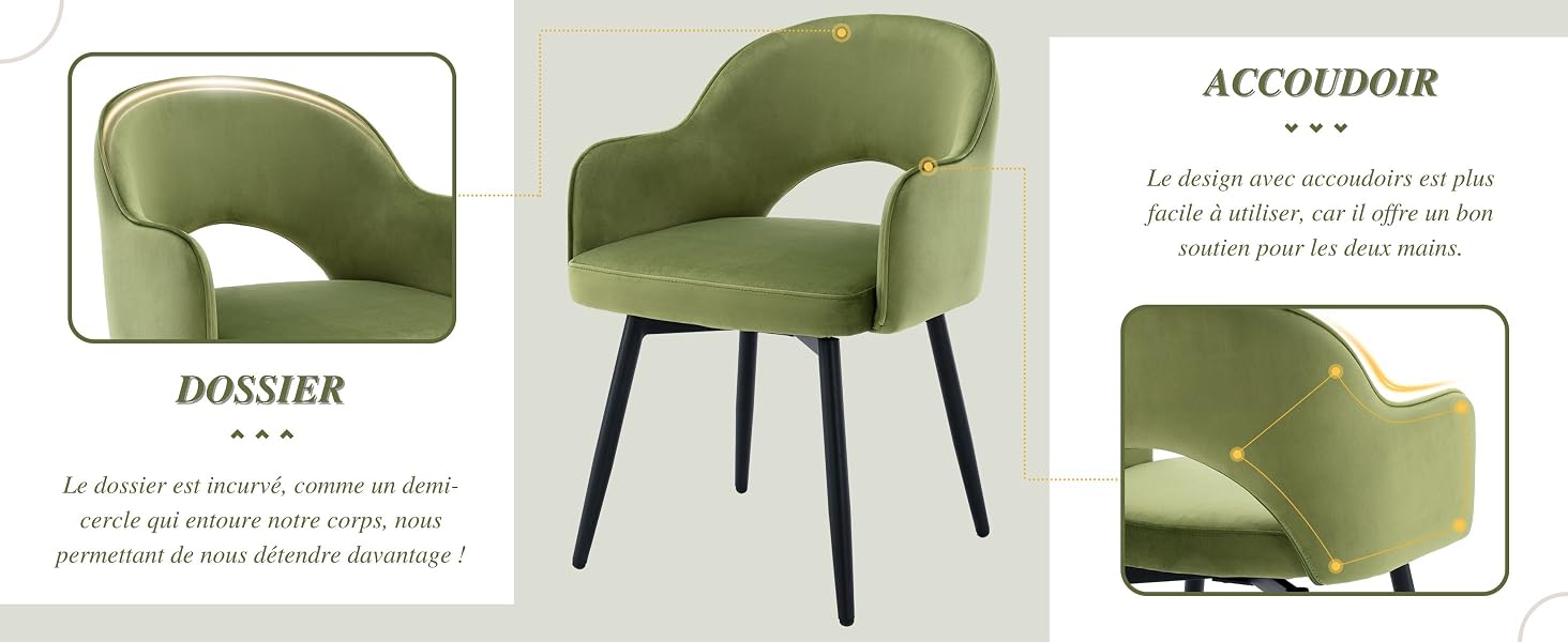 Le texte se lit comme suit : « Image 2 », « DOSSIER », « ACCOUDOIR ». Disposition du catalogue de produits montrant un fauteuil d'appoint rembourré vert olive avec dossier incurvé sous plusieurs angles.