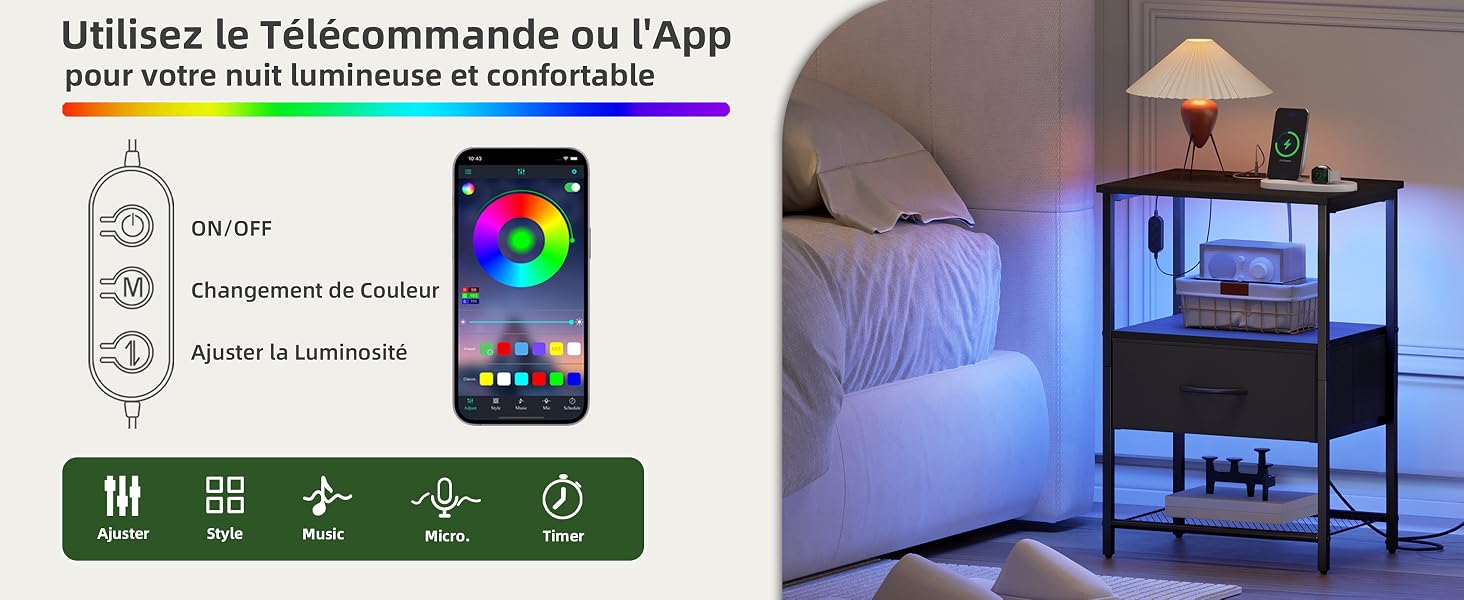 Le texte se lit comme suit : « Utilisez la Télécommande ou l'App ». Image divisée montrant l'interface de contrôle de l'application avec options de couleur/vitesse et la chambre avec configuration d'éclairage LED.