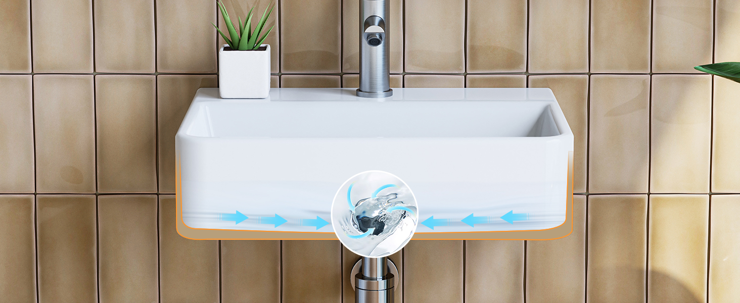 White rectangular bathroom sink mounted on beige tiled wall, featuring a blue illuminated strip across the basin's front edge.
