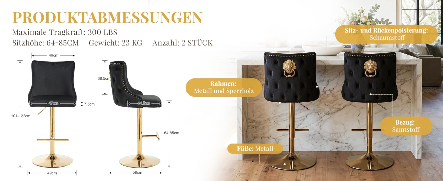 Der Text lautet „PRODUKTABMESSUNGEN“ mit Spezifikationsdetails. Zwei schwarz gepolsterte Barhocker mit goldfarbenen Metallfüßen, die aus verschiedenen Blickwinkeln gezeigt werden und in einem wohnlichen Ambiente mit dekorativen Körben und Wandaccessoires präsentiert werden.