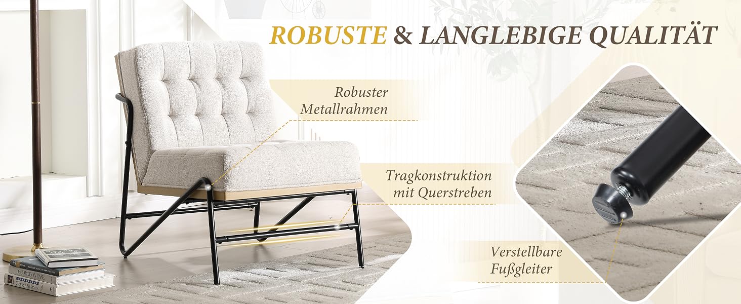 Der Text lautet „ROBUSTE &amp; LANGLEBIGE QUALITÄT“, wobei der deutsche Text „Robuster Bezug“, „Langlebig-leicht zu reinigen“ und „Vielseitiger Adapter“ beschreibt. Das Produkt verfügt über einen Grundriss für ein langlebiges Möbelstück, das mit einem Stuhlbild dargestellt wird.