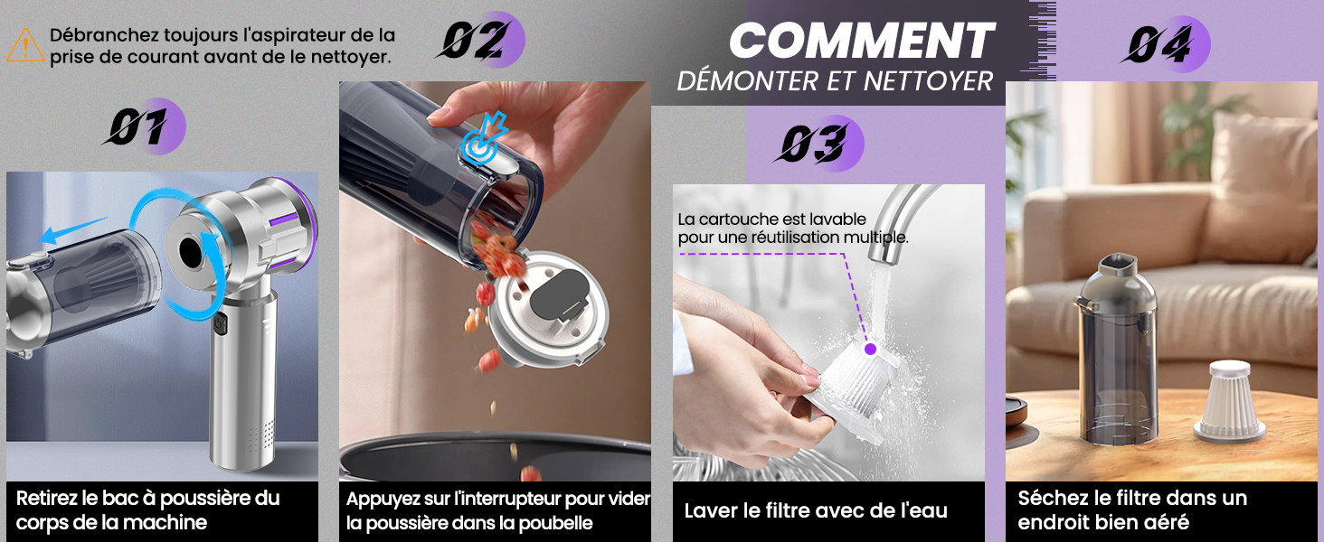Guide d'instructions à quatre panneaux pour le nettoyage d'un appareil cylindrique. Les panneaux indiquent les étapes de démontage, d'élimination des débris, de lavage du filtre et de séchage pour l'entretien du produit