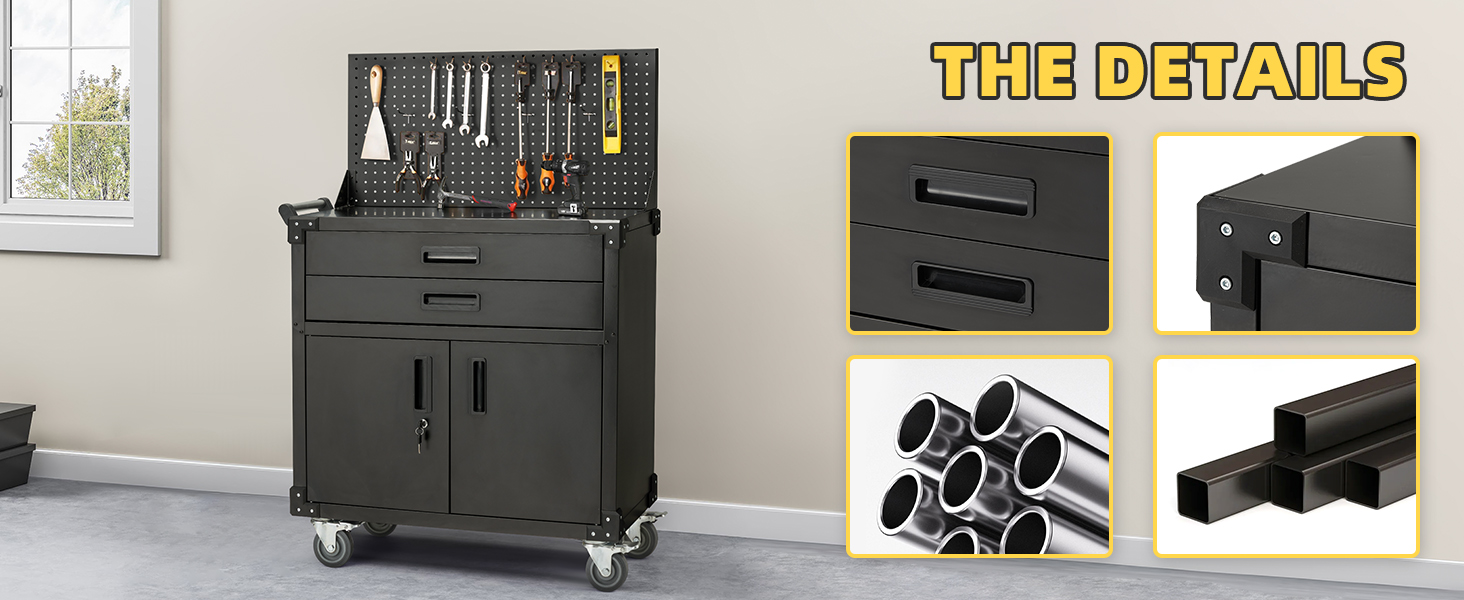 Text visible: 'THE DETAILS'. Collection of images showing black storage cabinet or workstation with various compartments and wheels, displayed from multiple angles.