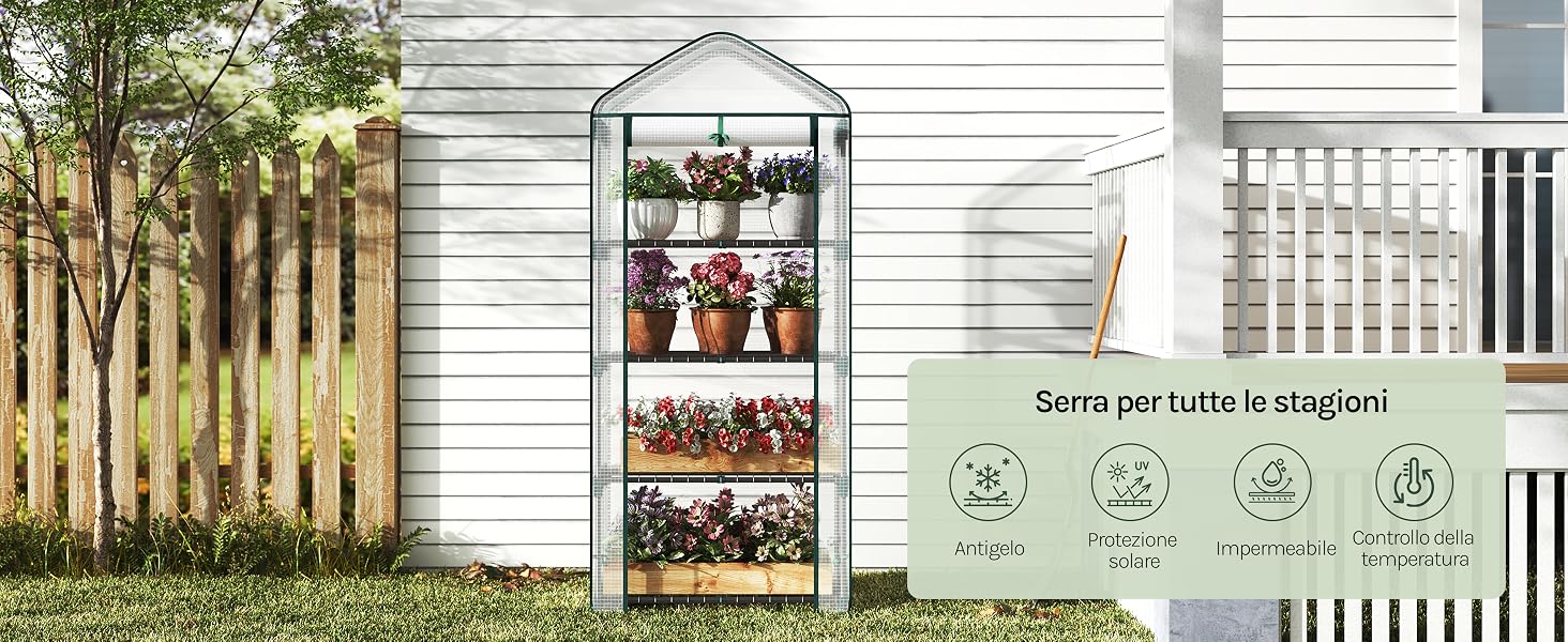 Il testo recita 'Serra per tutte le stagioni'. Pannelli multipli che mostrano la struttura della serra o del giardino con misure e dettagli di installazione.