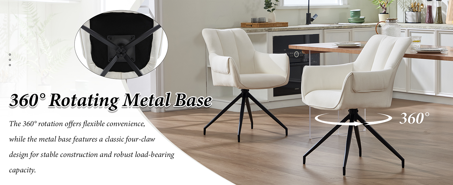 Text reads '360° Rotating Metal Base'. Modern dining area with wooden table, white chairs, and black accent chair, showing product in different angles demonstrating rotational feature.