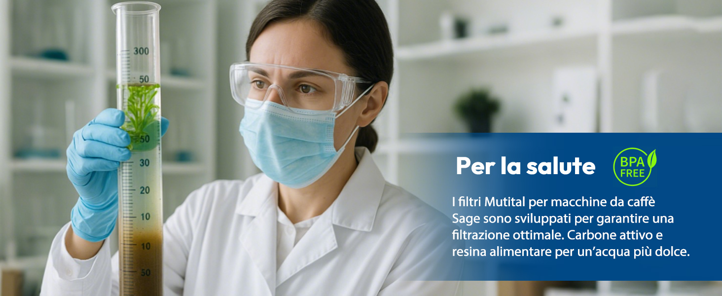 Il testo recita «Per la salute». Ambiente di laboratorio con attrezzature scientifiche e dispositivi di protezione utilizzati per test o ricerche relative alla salute.