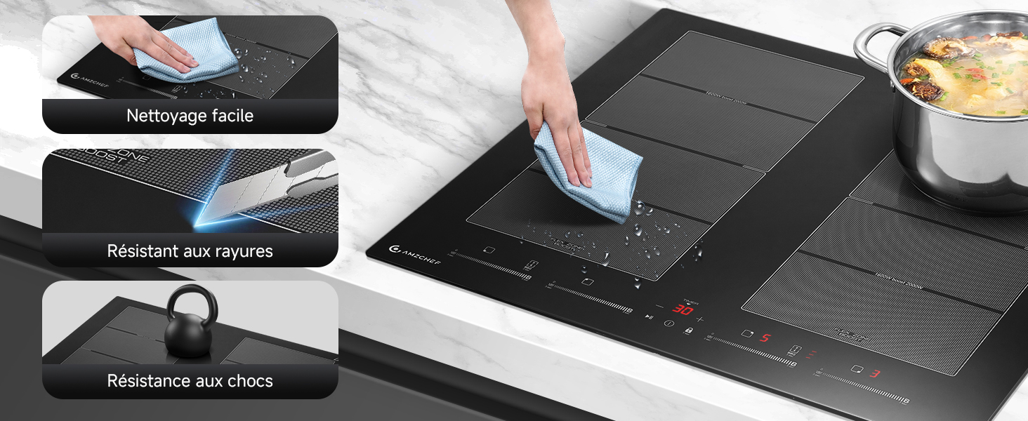 avec commandes tactiles. Les caractéristiques incluent un nettoyage facile, une résistance aux rayures et une résistance aux chocs. Démonstration avec une surface d'essuyage des mains et un pot de nourriture
