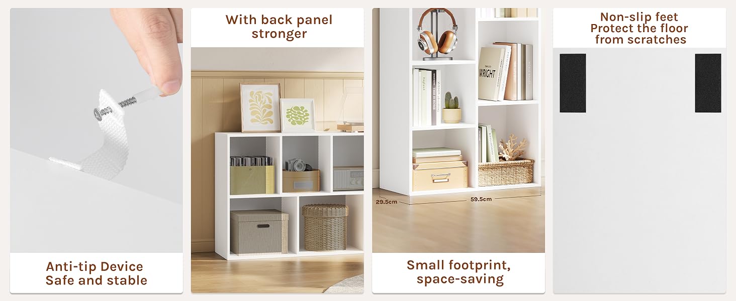 Collage showing organization solution with anti-slip pads and storage bins on shelves.