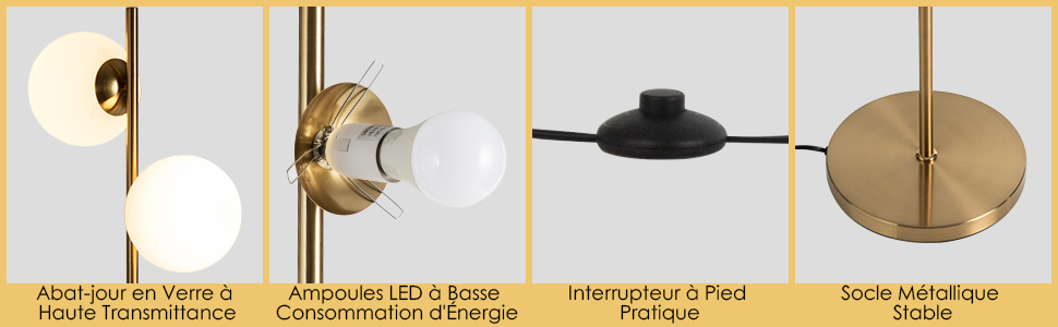 Lampadaire à 3 Ampoules Lampe Arbre Sur Pied Avec 3 Ampoules E27 A19 Et Abat Jours Reglables Poteau Metallique Robuste Et Base Lourde Dore