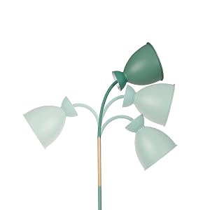 Eine dekorative Stehlampe mit fünf grünen Farbtönen an geschwungenen Stielen, die einer Pflanze ähnelt. Die Lampe hat einen Holzsockel und grüne Metallarme