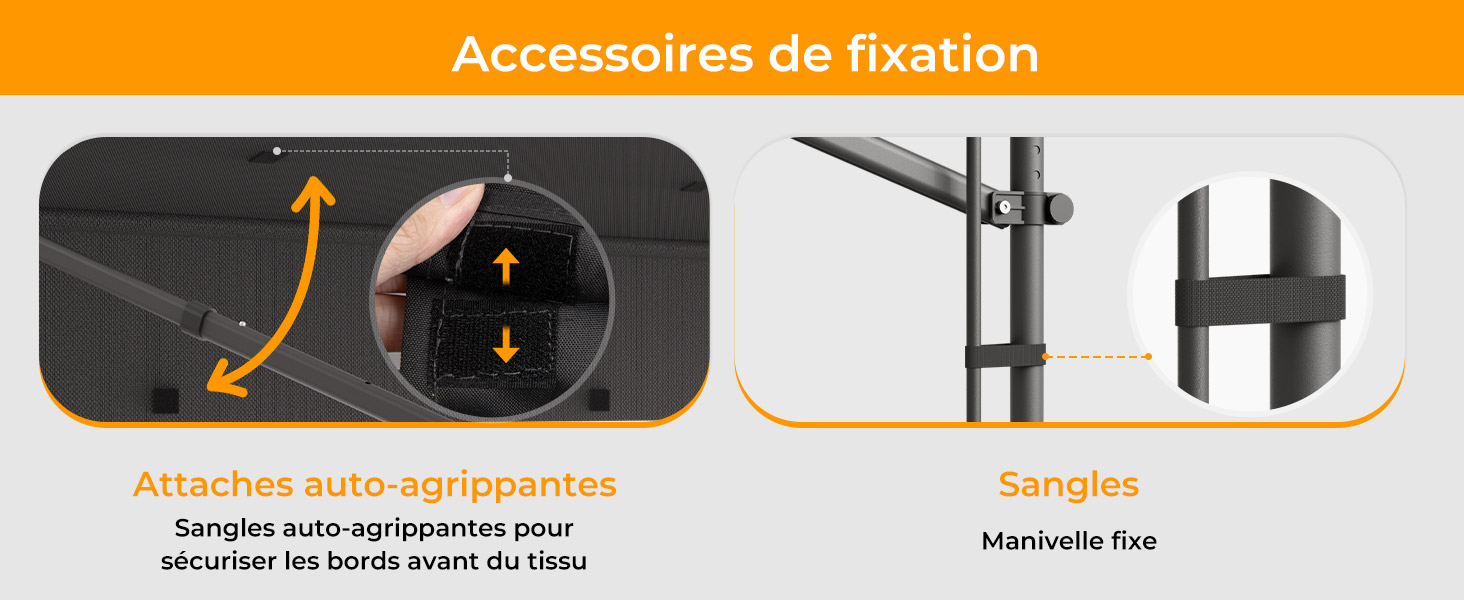 Der Text lautet „Accessoires de fixation“, „Attaches auto-grippantes“, „Angles“. Identisch mit Bild 2, zeigt eine Montageanleitung mit Pfeilen.
