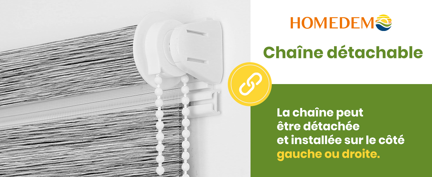 Mécanisme à chaîne amovible pour stores, permettant une installation sur le côté gauche ou droit. Composants en plastique blanc illustrés avec une chaîne métallique.
