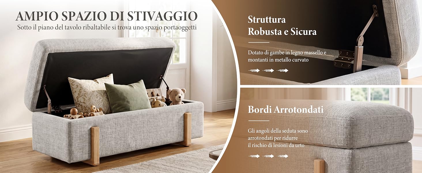 Il testo recita «APPRO SPAZIO IN STIVAGGIO» con descrizioni dei mobili in italiano. Immagine divisa che mostra una panca portaoggetti imbottita con cuscini e dettagli del prodotto.