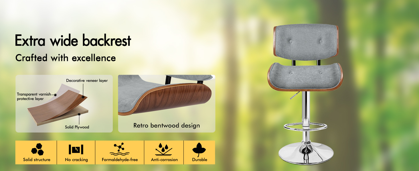 Text reads 'Extra wide backrest' and 'Crafted with excellence'. Product diagram showing chair features with multiple certification icons and technical specifications.