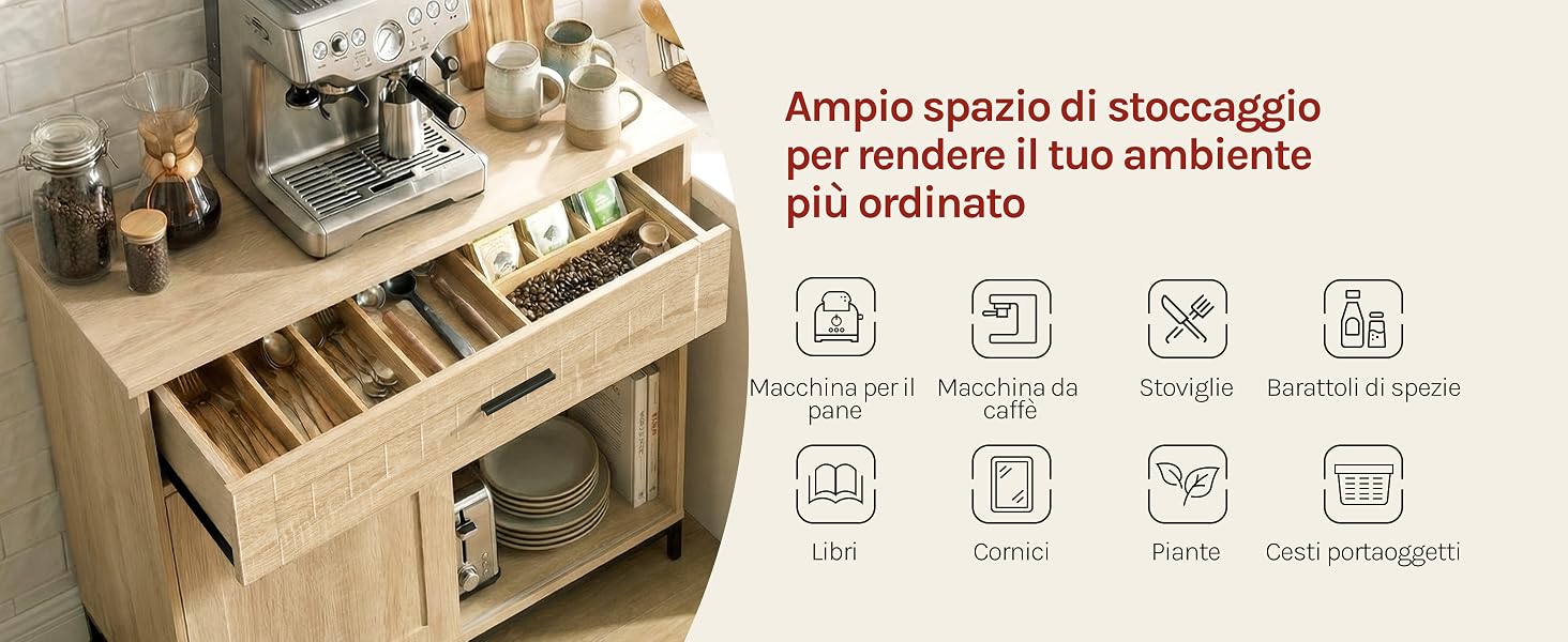Il testo recita «Amplio espacio para almacenaje», «Duradero y fácilmente de limpiar», «piso antideslizante». Mobile in legno con otto icone di funzionalità sottostanti che mostrano le caratteristiche di conservazione, durata e manutenzione.