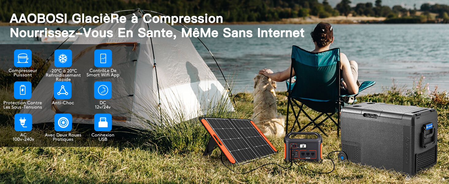 Centrale électrique portable avec panneau solaire montrée à l'extérieur. Les fonctionnalités incluent la compression, les ports USB-C et la compatibilité des SSD M.2. Personne assise près d'une tente en arrière-plan.