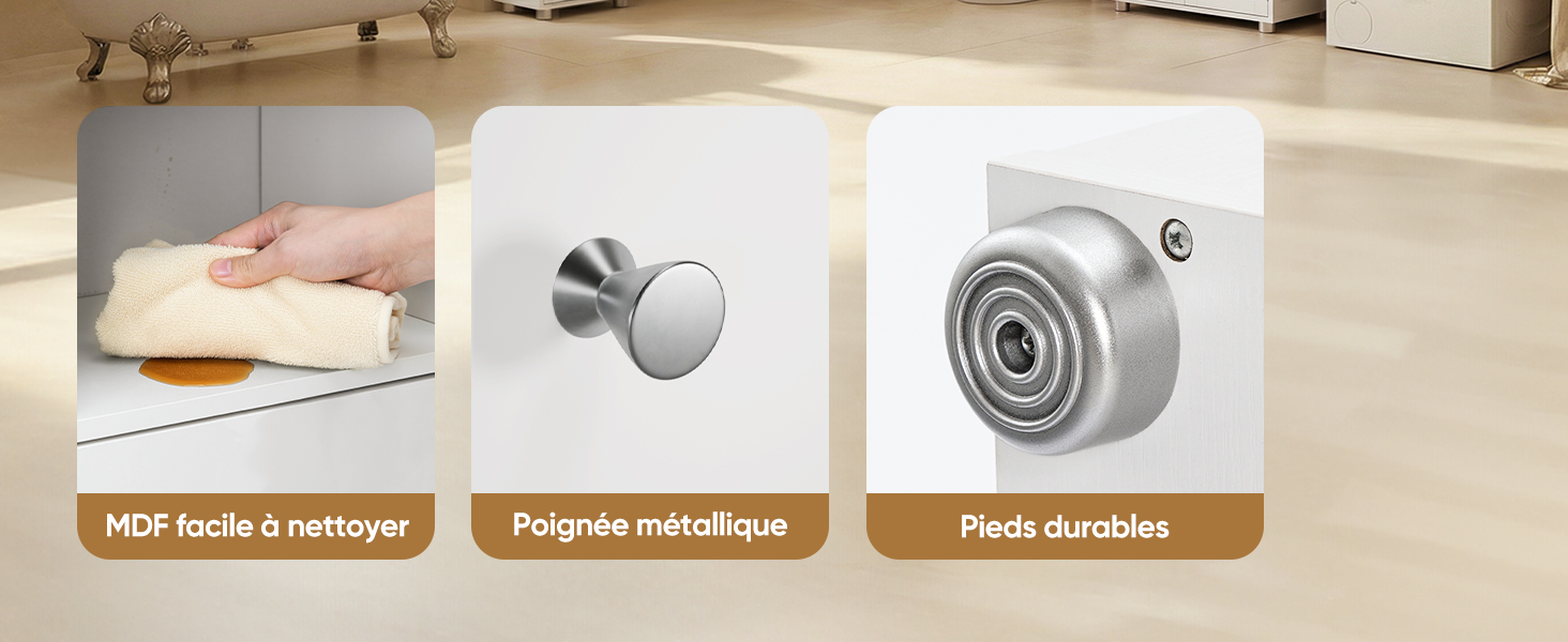 Duplicata de l'image 6 montrant les mêmes caractéristiques du meuble avec des étiquettes textuelles en français pour le MDF nettoyable, des poignées en métal et des pieds durables.