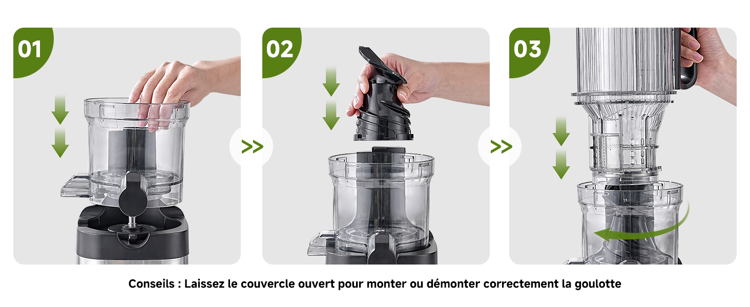 Guide d'instructions à trois panneaux montrant les étapes d'assemblage d'un robot culinaire ou d'un mixeur avec récipient transparent et base noire
