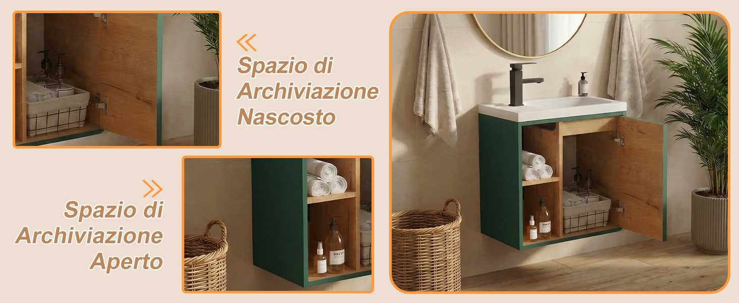 Il testo recita 'Spazio di Archiviazione Nascosto' (Hidden Storage Space) e 'Spazio di Archiviazione Aperto' (Open Storage Space). Armadio portaoggetti verde mostrato in tre diverse impostazioni della stanza con diverse configurazioni.
