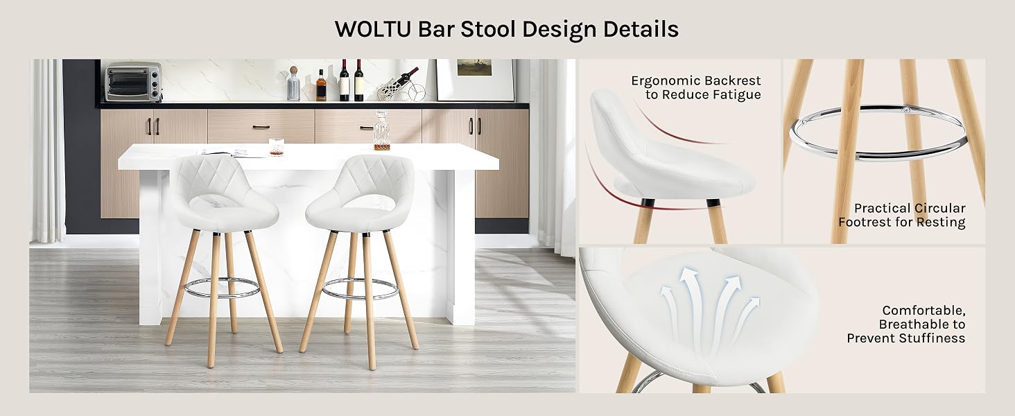 Modern white bar stools with curved backrests and wooden legs, shown in a kitchen setting with detailed design specifications displayed on the right side.