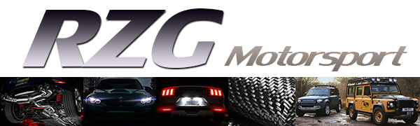 RZG Motorsport logo with gradient effect. Bottom shows silhouettes of various vehicles including sports cars and an off-road vehicle.