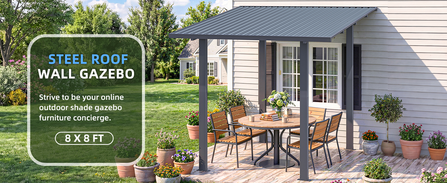 Text reads 'WALL SHADE GAZEBO' with product description. Outdoor patio scene showing garden furniture arrangement beneath white gazebo canopy with trees and plants.