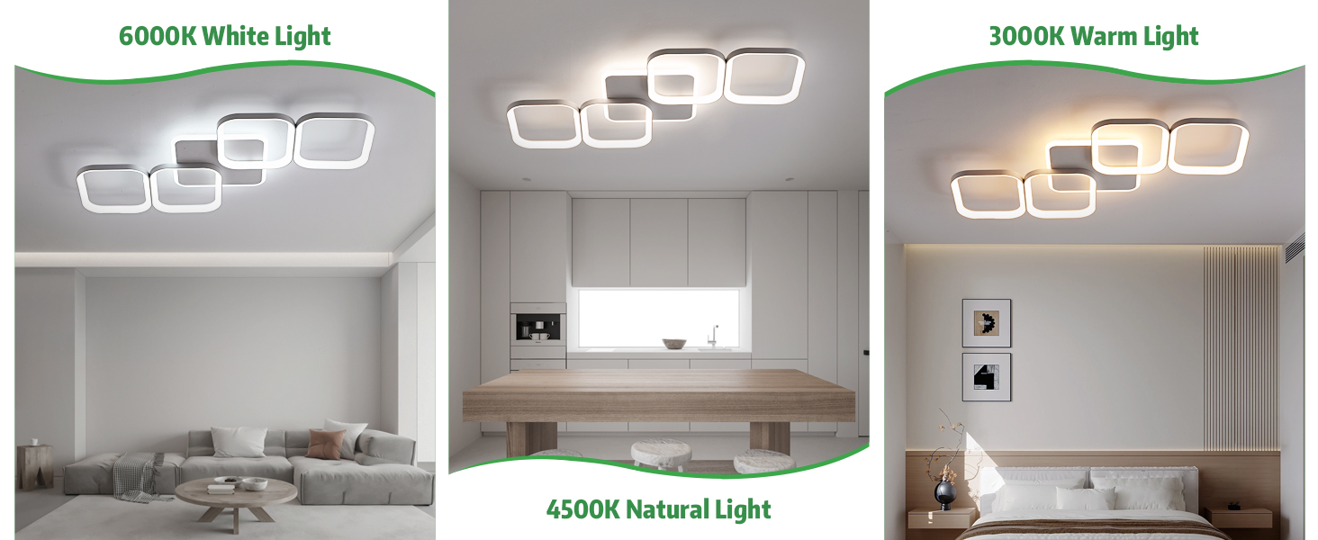 Moderne LED-Deckenleuchte mit vier quadratischen Paneelen, dargestellt in drei Leuchtmodi: kaltes weißes, natürliches und warmes Licht. Vorgeführt in Wohn- und Schlafräumen.