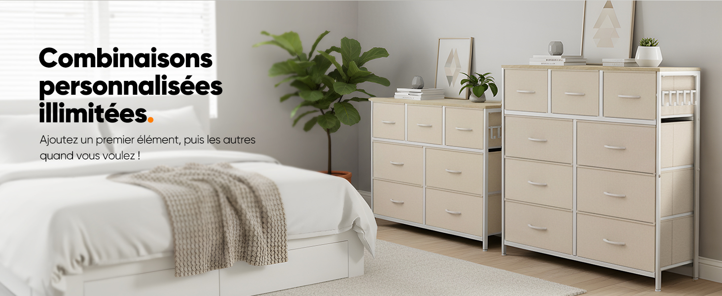 Série de photos de produits montrant des meubles en bois de couleur claire dans une chambre à coucher, avec des commodes et des meubles de rangement sur des murs beiges.