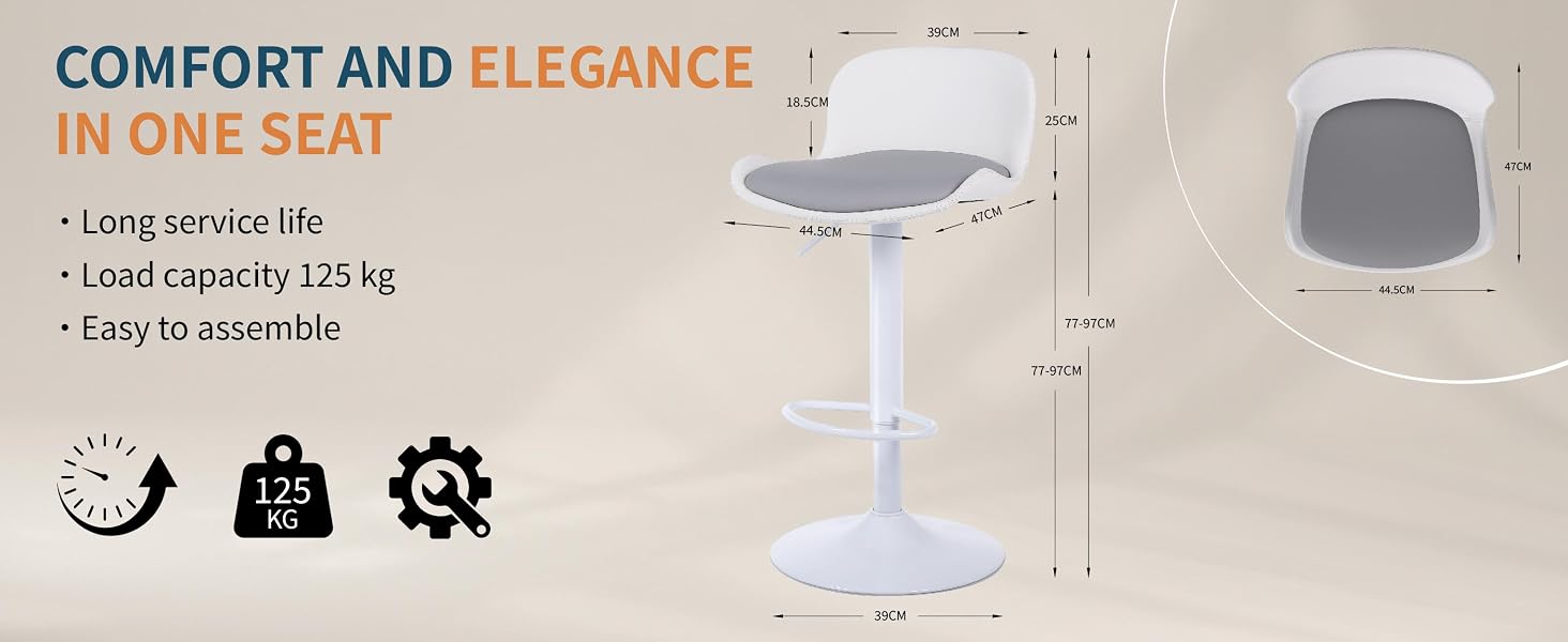 Text reads 'COMFORT AND ELEGANCE IN ONE SEAT', 'Long service life', 'Load capacity 125 kg'. Product showcase of seating furniture with technical specifications.