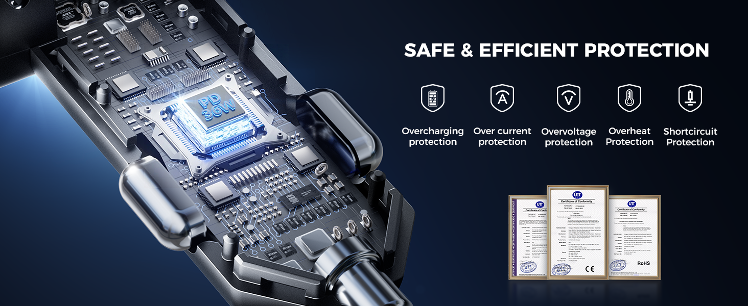 Text reads 'SAFE &amp; EFFICIENT PROTECTION'. Technical product diagram showing protective device with multiple views, specifications, and security features indicated by icons.