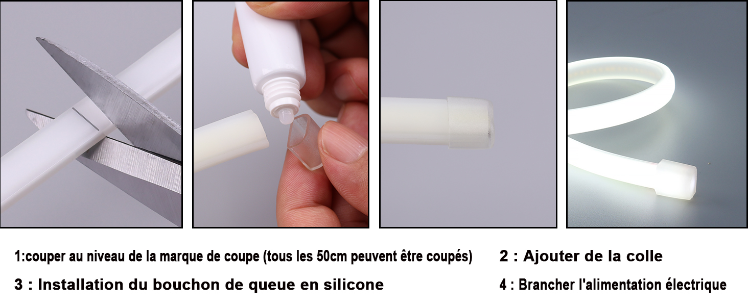 Le texte se lit comme suit : « 1. Loquer en miroir à l'arrière de votre lion les filtres prevent fins (couple) ; 3. Installation du bourrelet de quean en silicone » et « 2. Ajouter de la bobine ; 4. Brancher l'alimentation électrique ». Image d'instructions à quatre panneaux illustrant les étapes d'installation du câble.