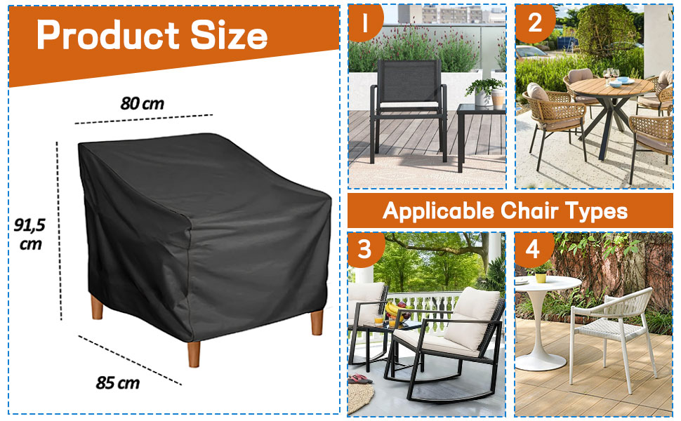 : schwarze, wasserdichte Hülle mit den Maßen 80 cm breit, 91,5 cm alto y 85 cm tief. Abgebildet mit kompatiblen Stuhltypen wie Ess-, Korb- und Schaukelstühlen für die Terrasse