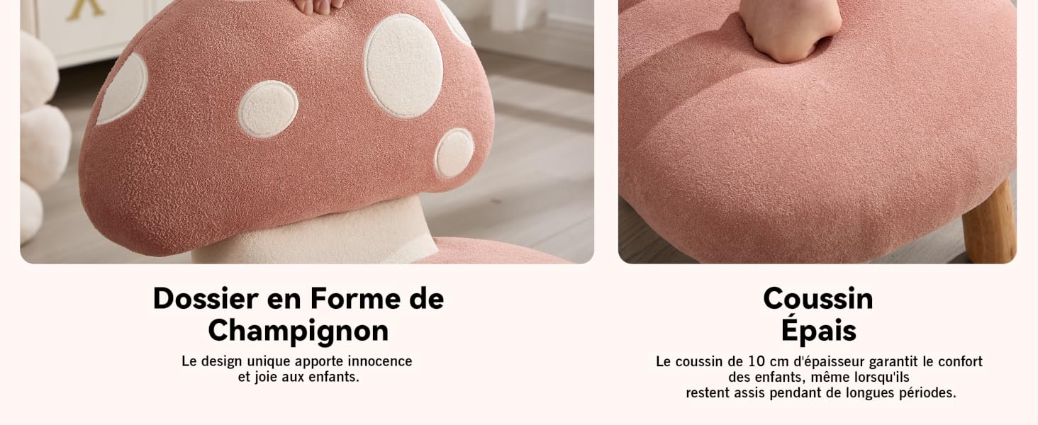 Le texte se lit comme suit : « Dossier en Forme de Champignon » et « Coussin Égris ». Deux coussins roses présentés, l'un à pois blancs ressemblant à un champignon.