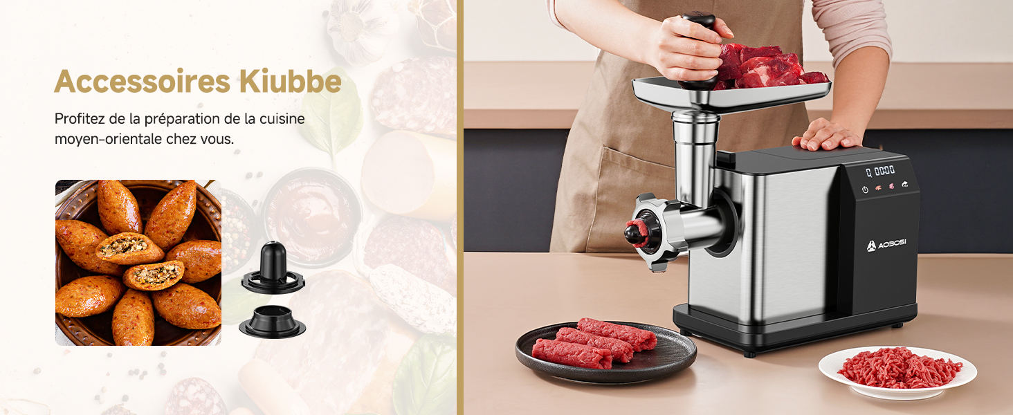 avec corps en acier inoxydable et accessoires multiples. Montre la viande hachée dans une assiette et les capacités de fabrication de saucisses. L'image en encart montre les produits de boulangerie.